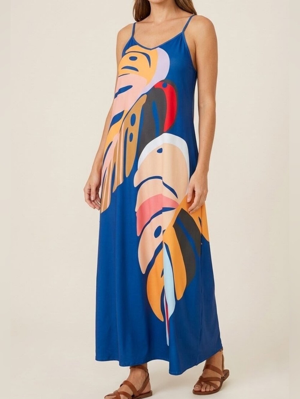NWT Tropical Monstera Leaf Spaghetti Strap Flowy Midi Maxi Dress Blue - Size 1XL